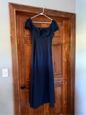 Women's Navy Blue Midi Dress with Puff Sleeves